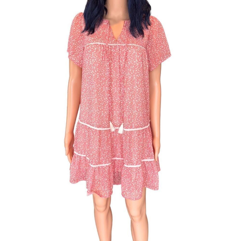Promesa Boho Floral Mini Dress Small Pink Cottagecore Tiered Ruffle Tassel NWOT - Picture 2 of 6